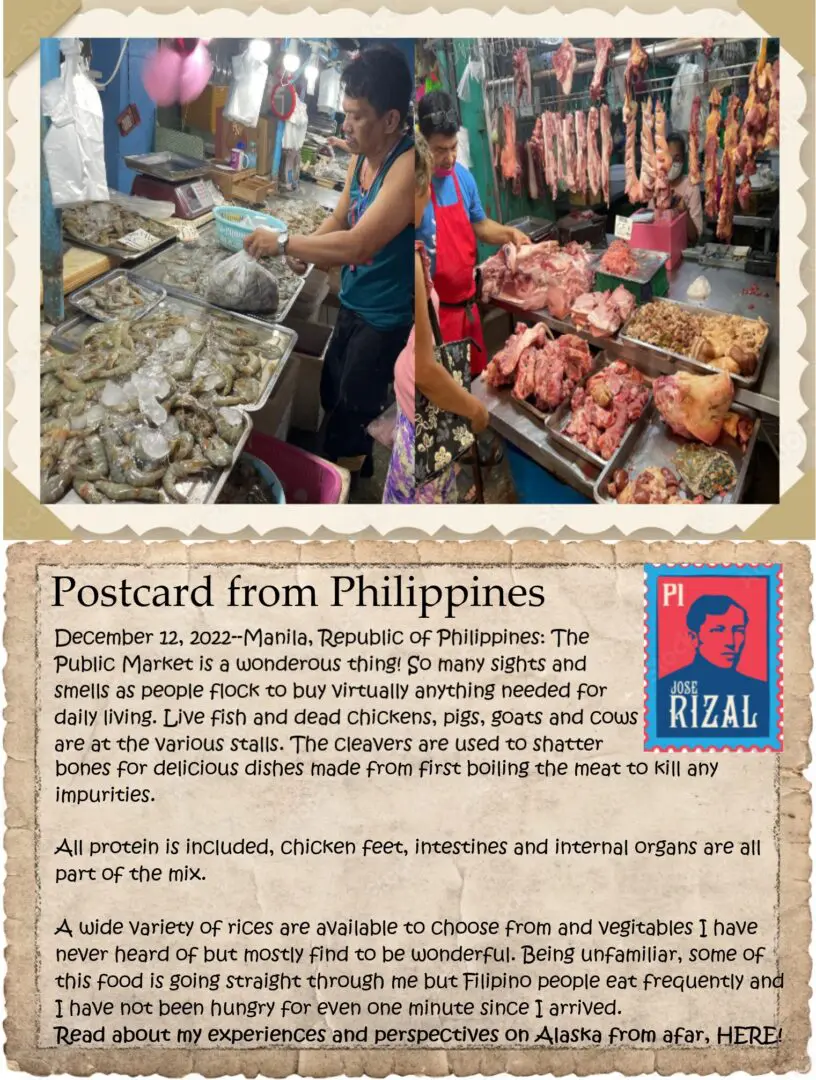 A postcard from philippines with an image of meat vendor.