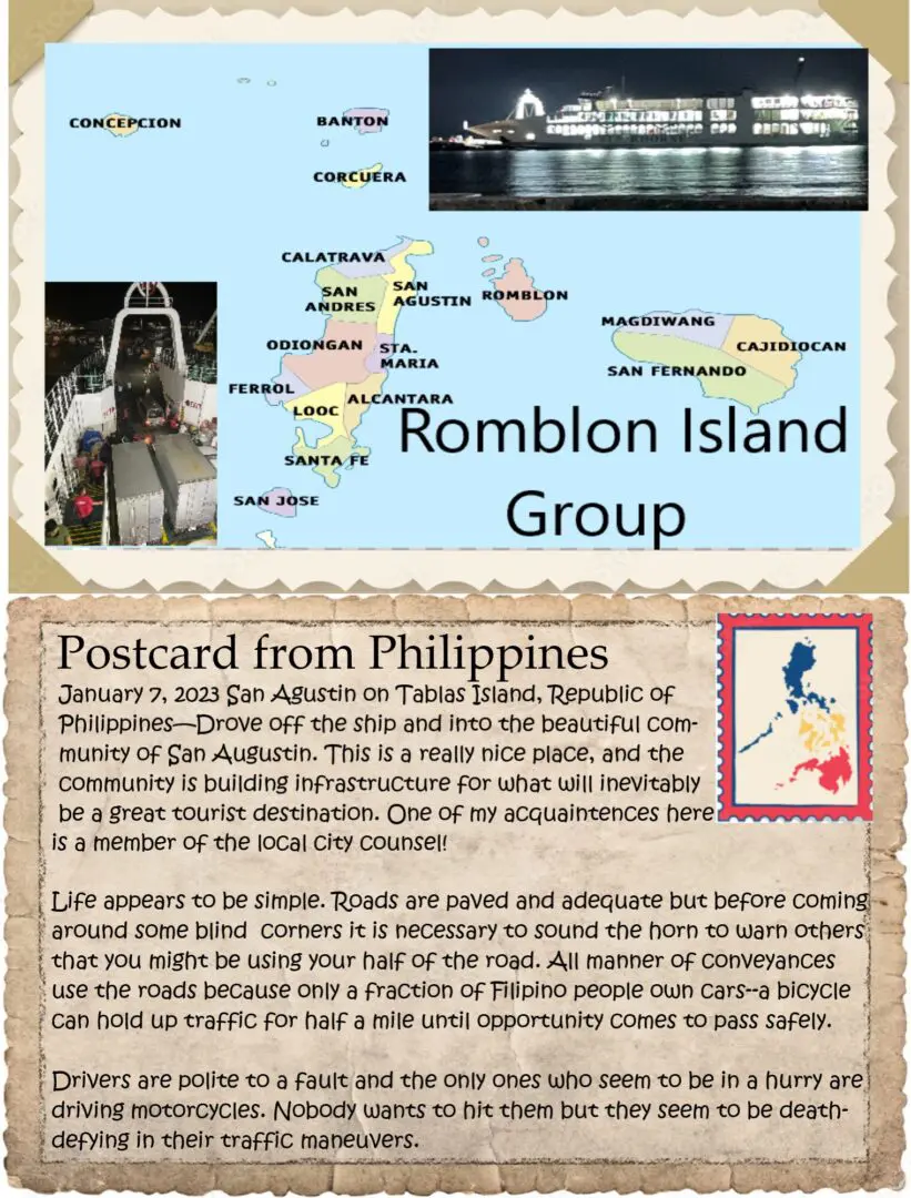 A postcard from philippines with the map of romblon island.