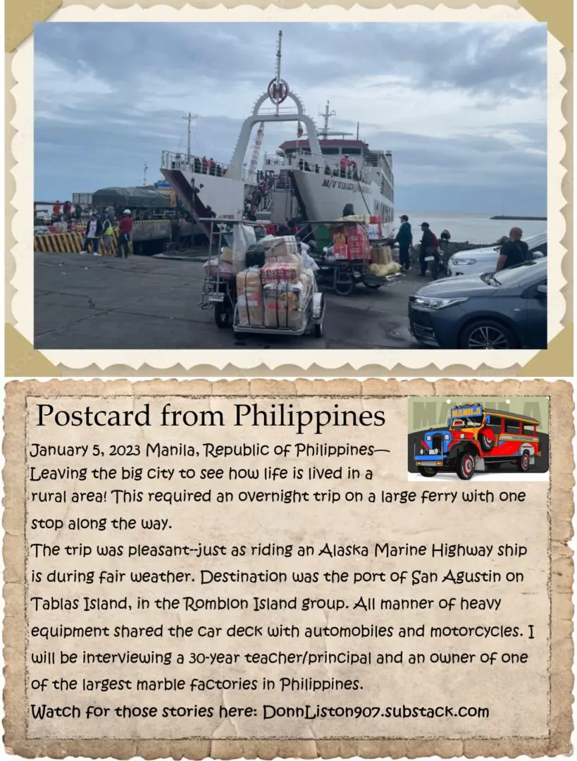 A postcard from philippines with an image of the ferry.