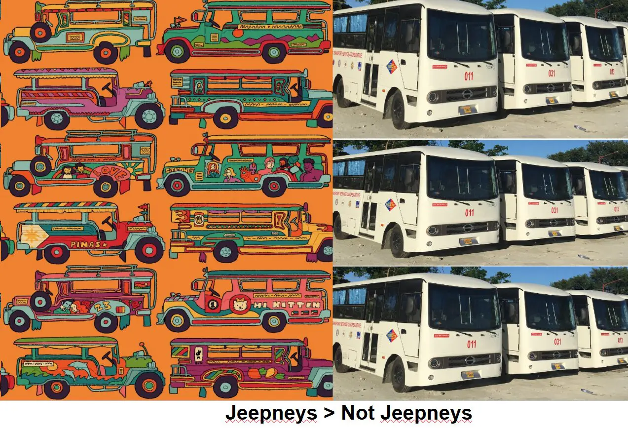 Colorful jeepneys vs. white buses.