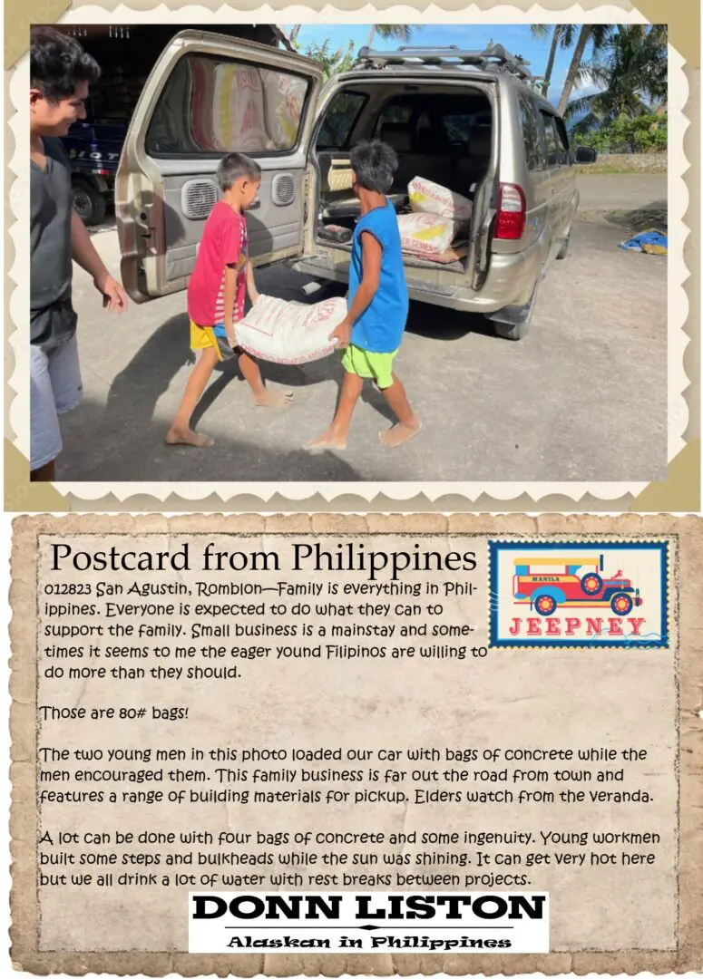 A postcard from philippines with two pictures of people loading and unloading.