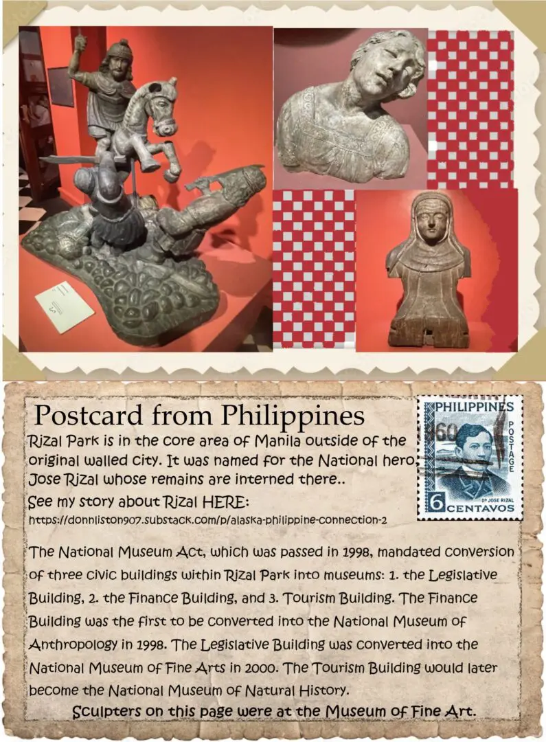 A postcard from the philippines with pictures of statues.