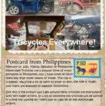 A postcard from philippines with an image of bicycles and cars.