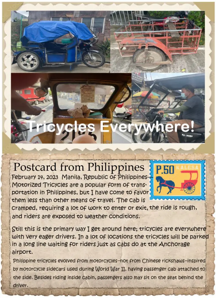 A postcard from philippines with an image of bicycles and cars.