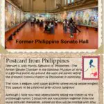 A postcard from the philippines is shown in front of an indoor museum.