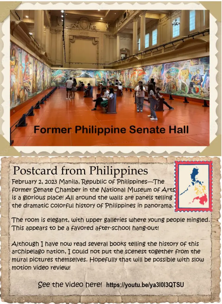 A postcard from the philippines is shown in front of an indoor museum.