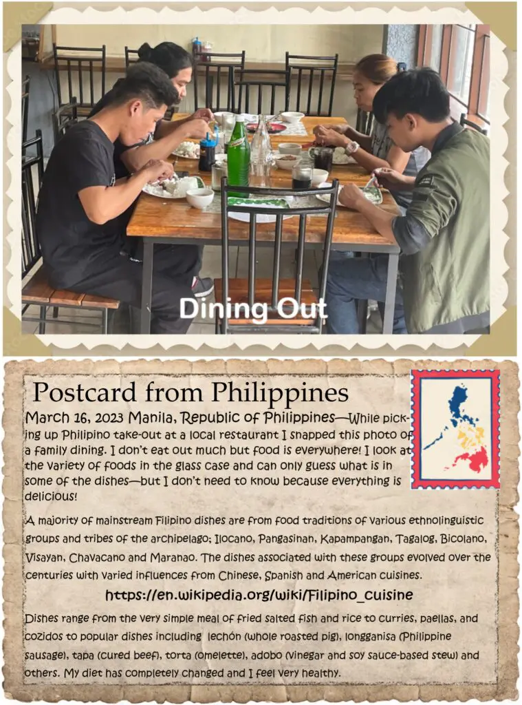 A postcard from philippines with two people sitting at a table.