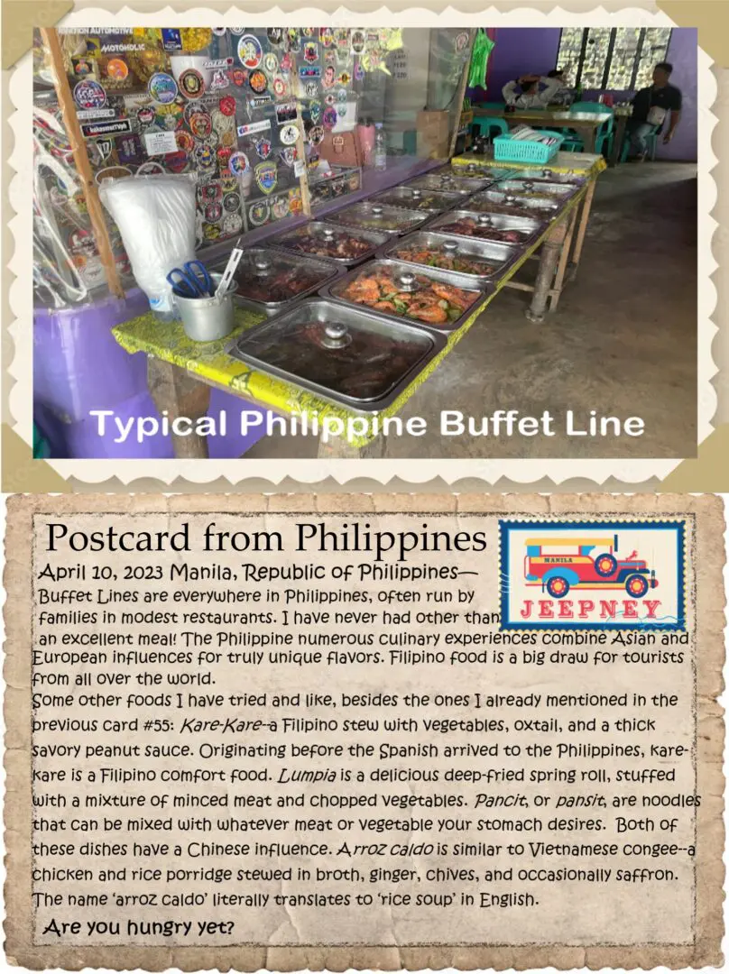 A postcard from philippines with an image of the buffet line.