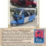 A postcard from philippines with an image of a three wheeled vehicle.