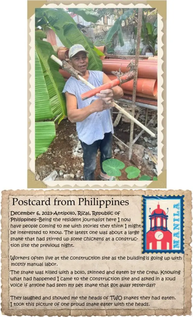 A postcard from philippines with an image of a girl holding a long stick.