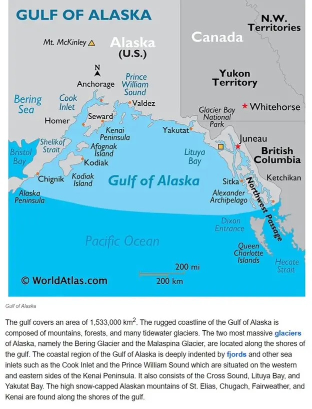 A map of the gulf of alaska with a lot of names.