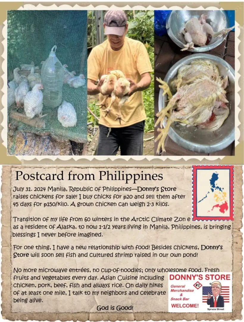 A postcard from philippines with pictures of people and food.