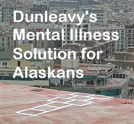 A view of an airport from above with the words " dunleavy 's mental illness solution for alaskans ".