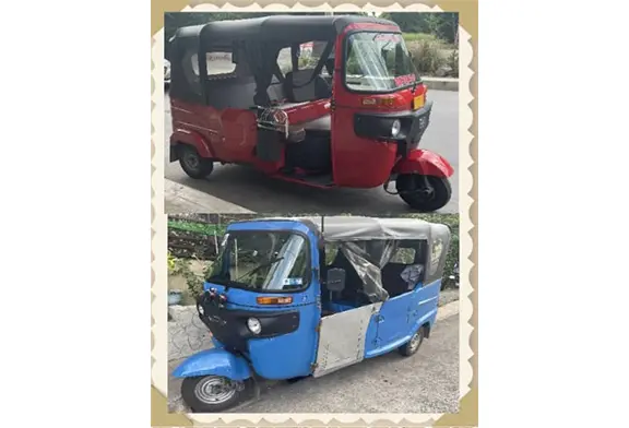 Two colorfully designed auto rickshaws displayed.