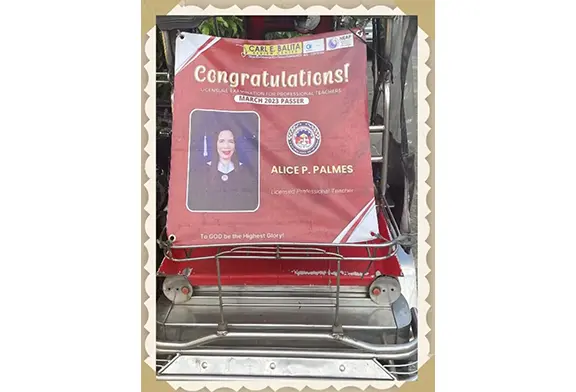 Congratulations banner for Alice P. Palmes.