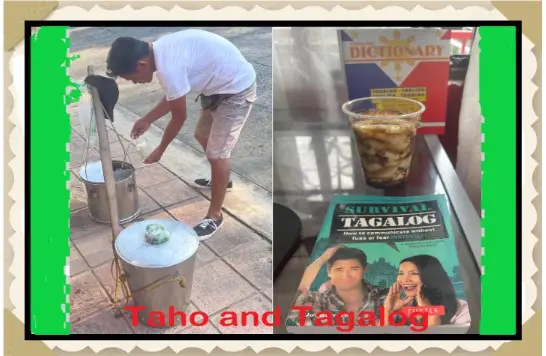 Man preparing taho with Tagalog book nearby.