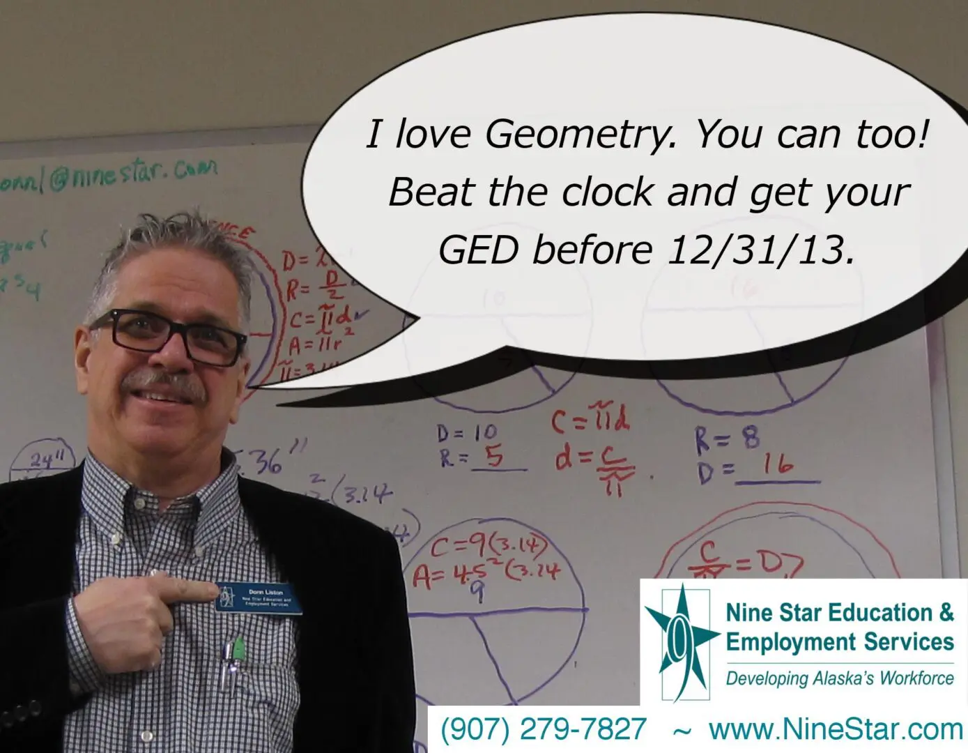 Man promoting GED and geometry education.