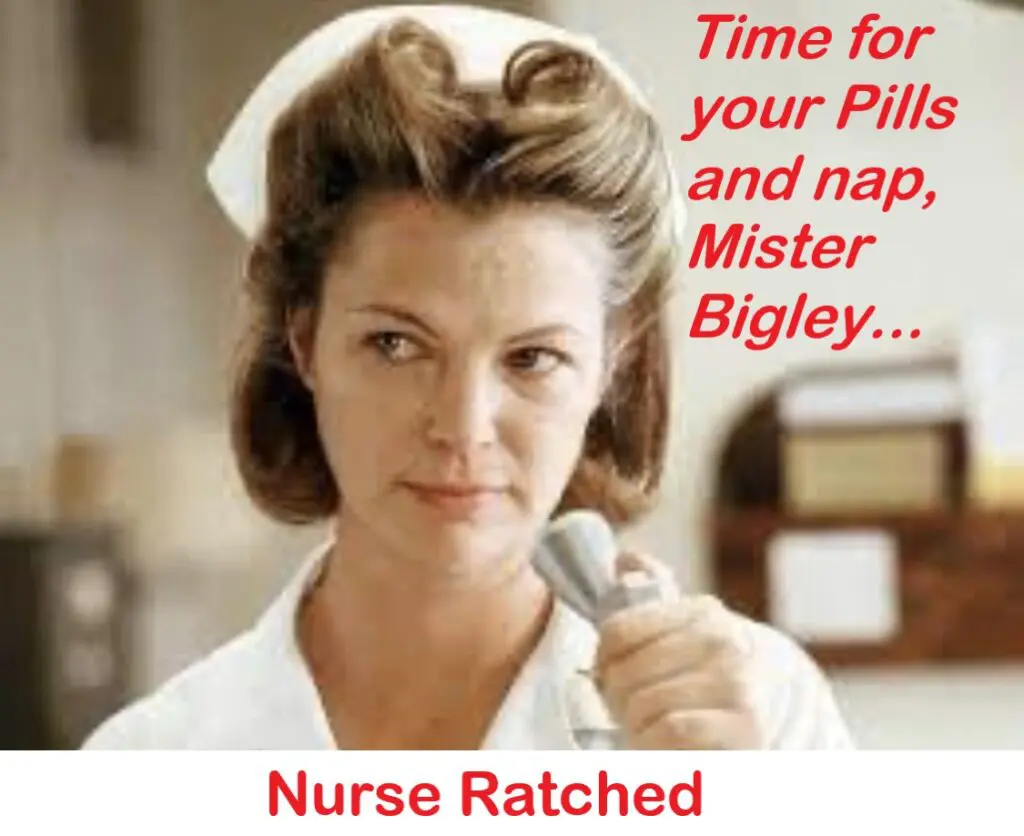 Nurse Ratched speaks sternly on the phone.