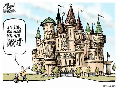 Cartoon of a whimsical castle school.