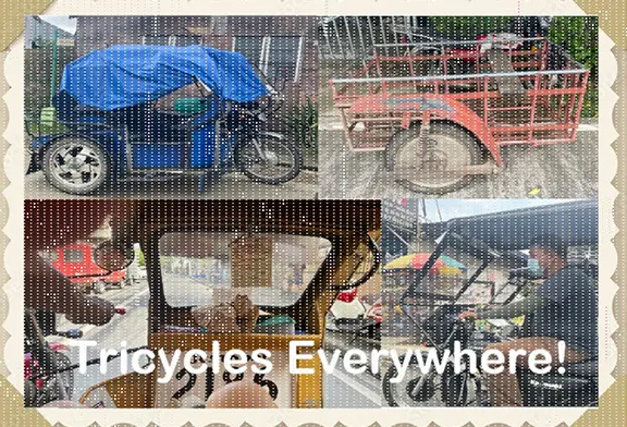 Various tricycles parked in a lively setting.