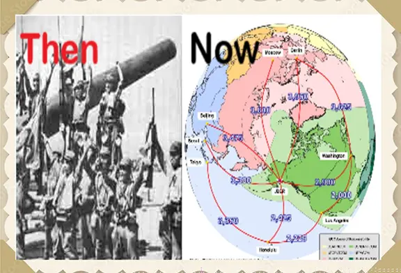 Historical military image compared to a world map.