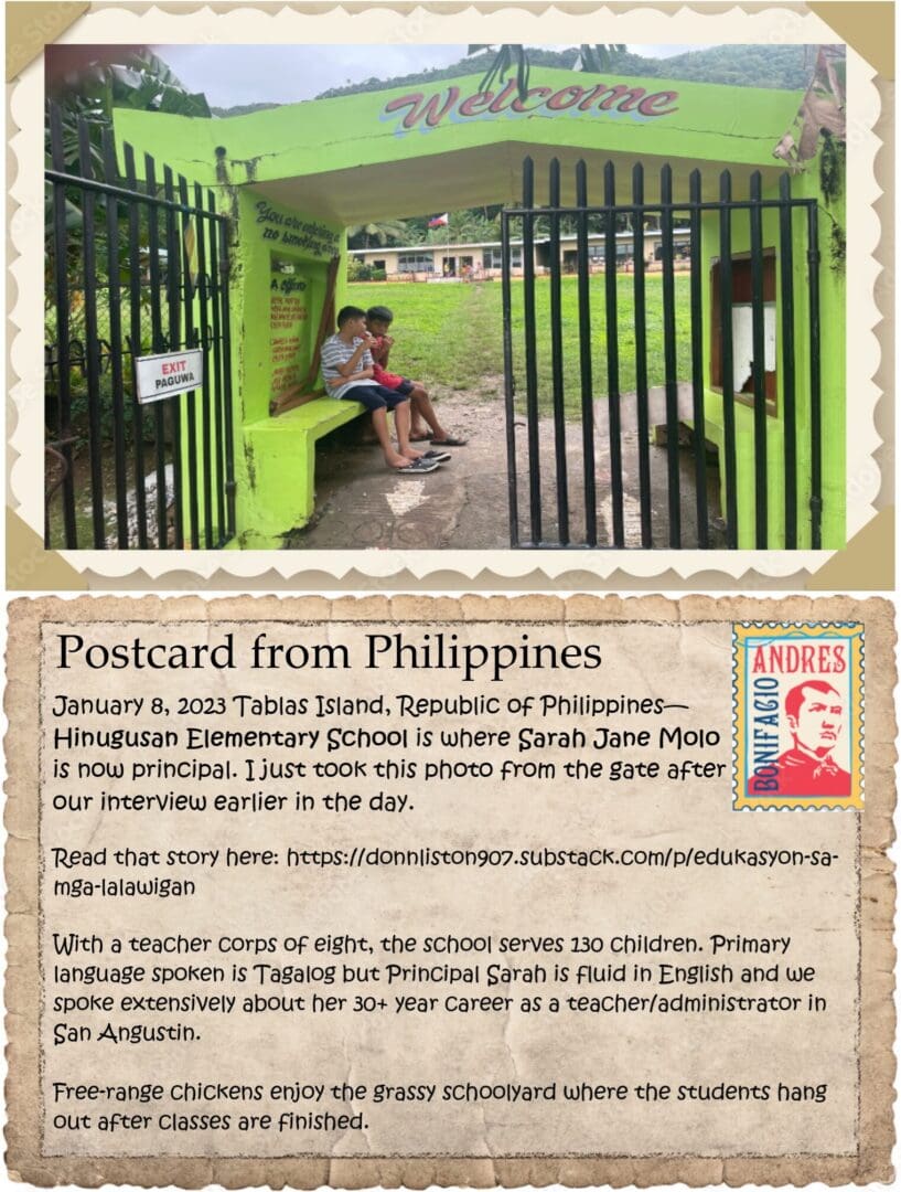 A postcard from philippines with a picture of the gate.