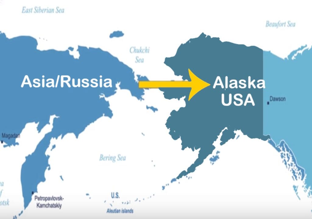 A map of alaska and the usa with an arrow pointing to russia.