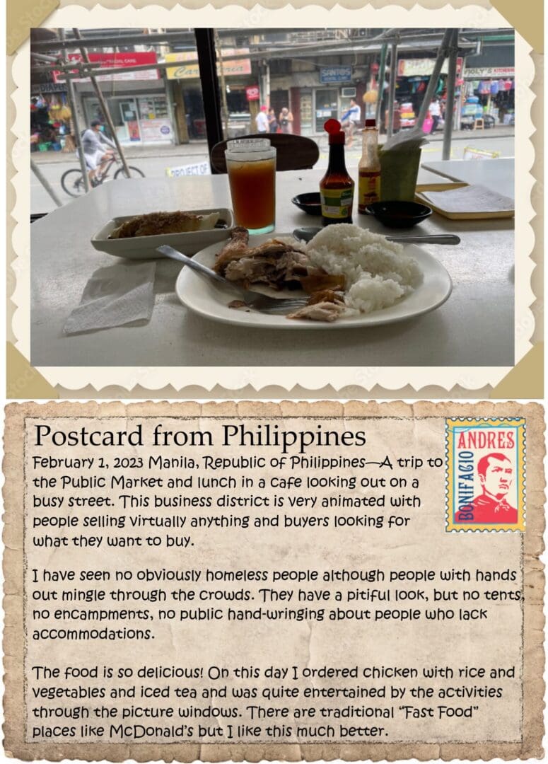 A postcard from philippines with a picture of food and beer.