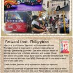 A postcard from philippines with pictures of buses and people.