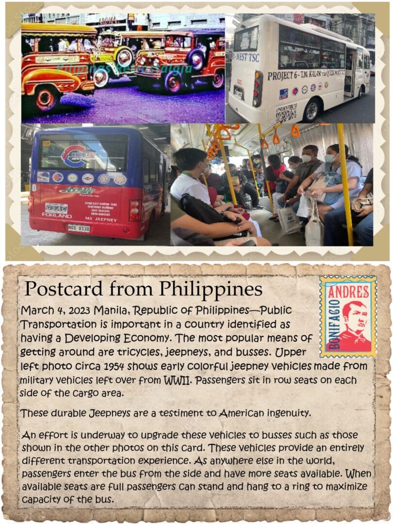 A postcard from philippines with pictures of buses and people.