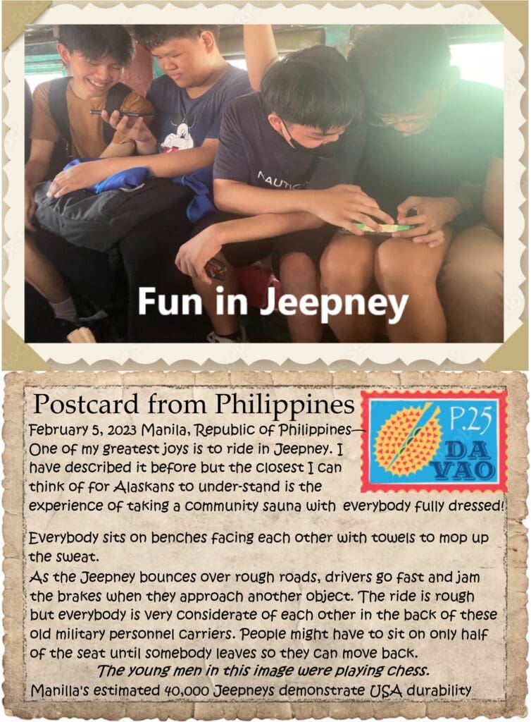 A postcard from philippines with an image of people sitting on the beach.