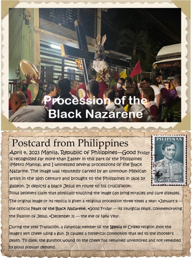 A postcard from the philippines with an image of people in a crowd.