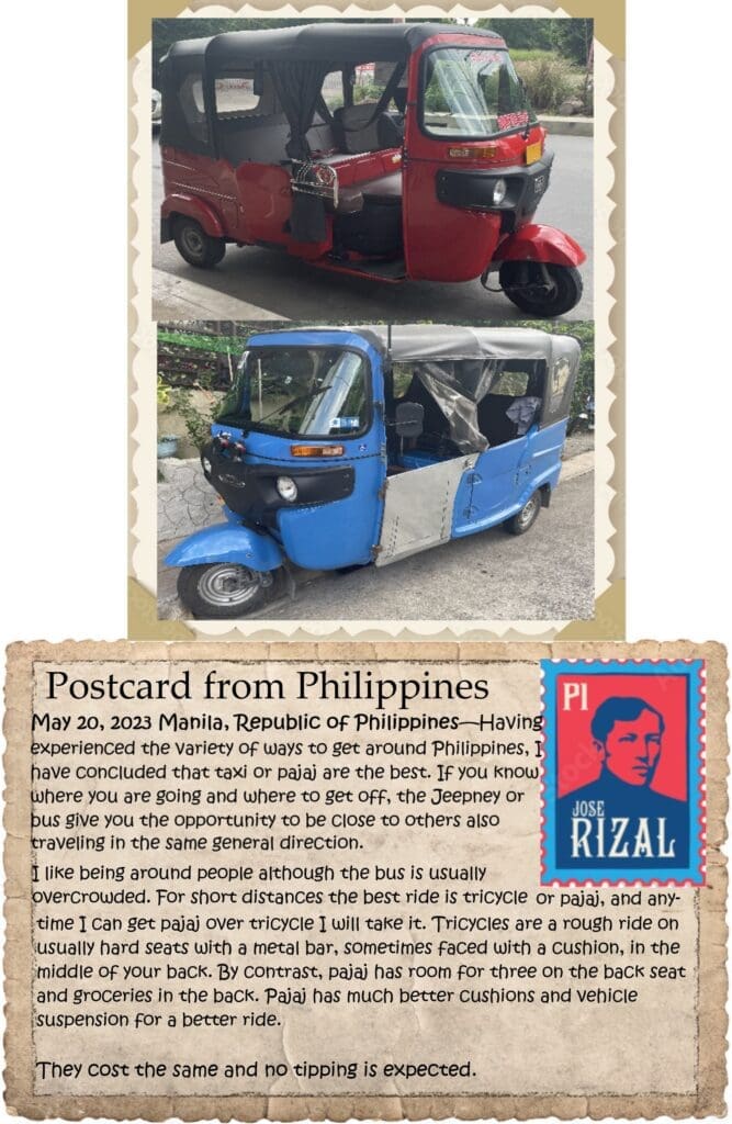 A postcard from philippines with an image of a three wheeled vehicle.