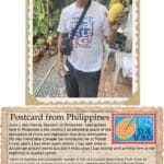 A picture of a man in a white shirt and a postcard.