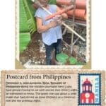 A postcard from philippines with an image of a girl holding a long stick.