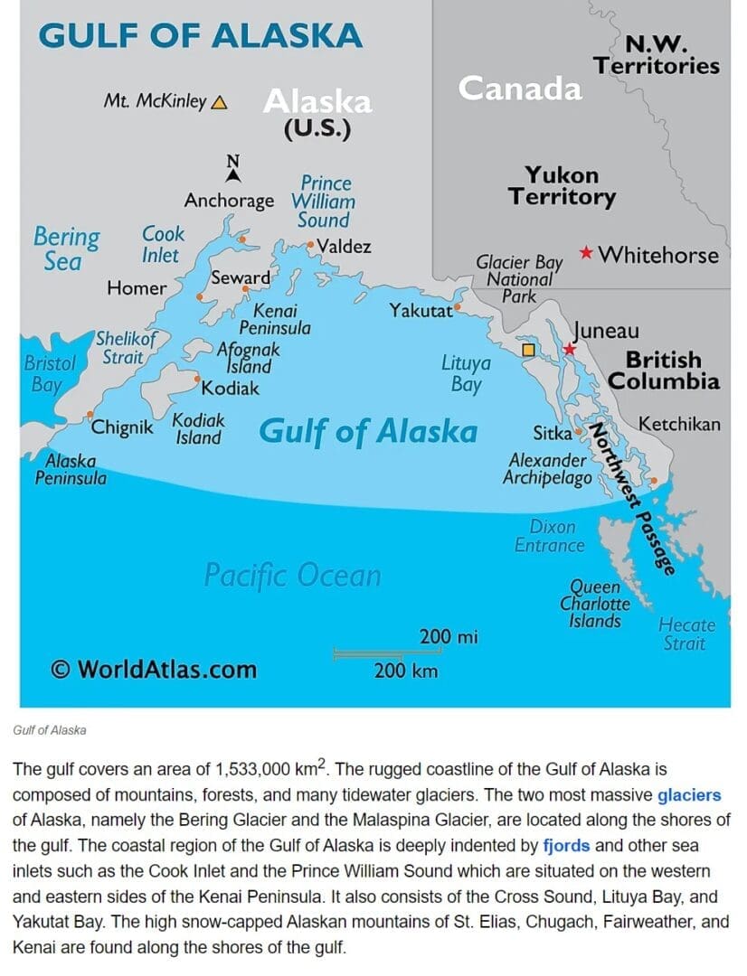 A map of the gulf of alaska with a blue ocean.