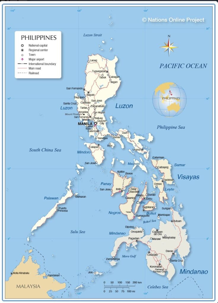 A map of the philippines with cities and towns.