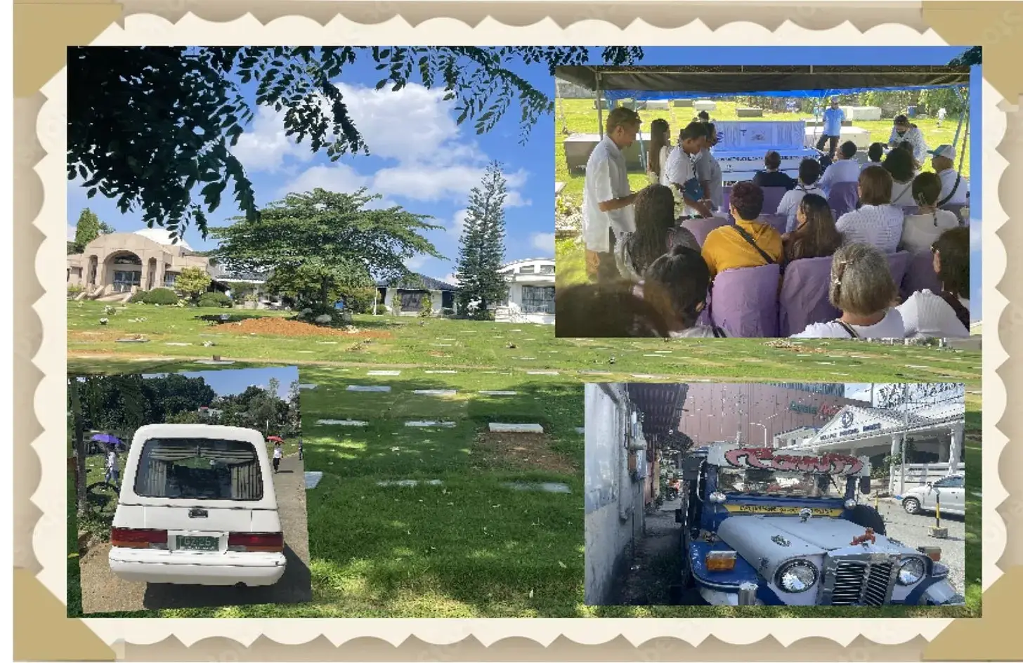 A collage of people and vehicles in the grass.