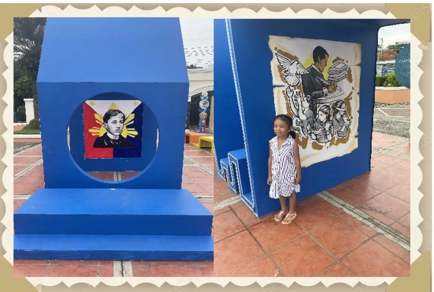 A child standing next to an art piece.